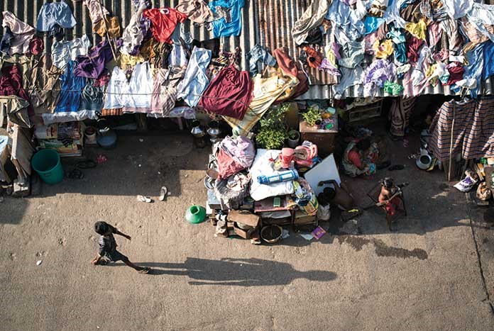 An over-head shot of a street-dwelling community in Chennai, India