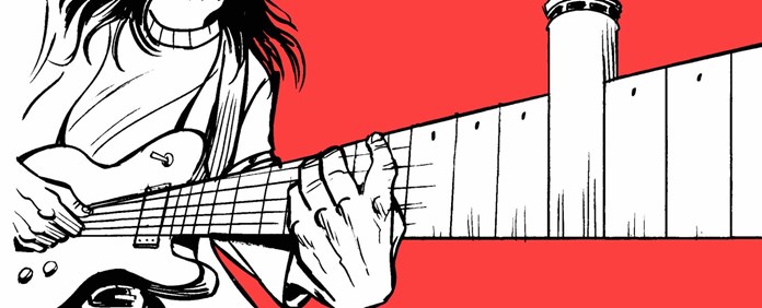 An illustration of a character playing an electric guitar in front of the Israeli Separation Wall