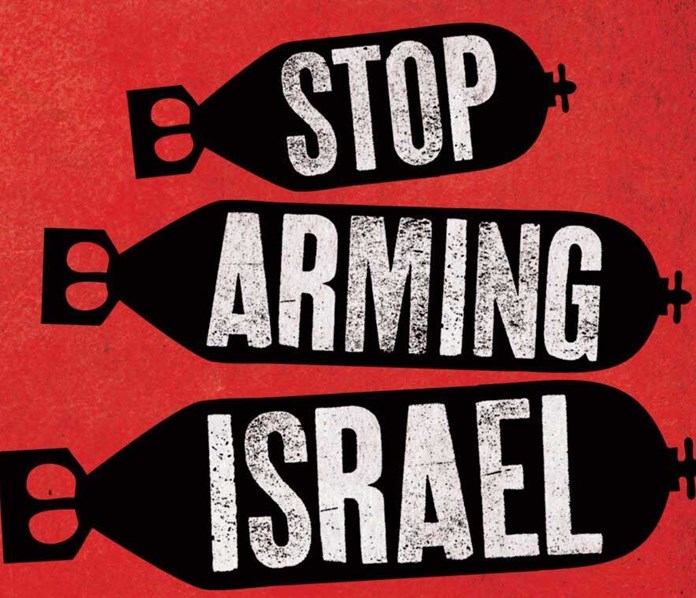 An illustration of three bombs falling with the words Stop Arming Israel written on the side.