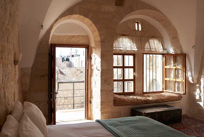 One of the bedrooms at the Hosh al-Syrian guest house in Bethlehem.