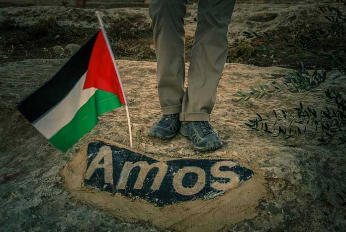 A Palestinian flag planted in the sand near a rock that has the word 'Amos' written on it.