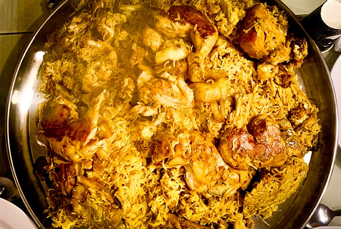 Maklouba – a Palestinian dish of chicken, rice and vegetables.
