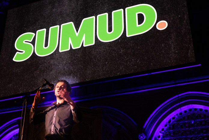 Writer and director Ahmed Masoud speaking at Amos Trust's 'Sumud' fundraising event at Union Chapel in London on 18th April, 2024.