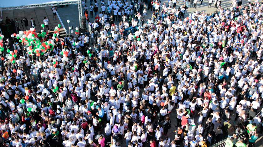 A huge crowd gathers at the starting line for the Palestine Marathon in Bethlehem.
